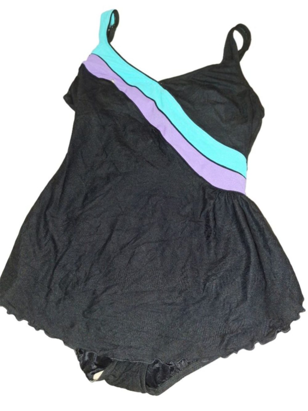 Vintage Longitude sz 14T Black One Piece Swimsuit dress Blue and Purple Stripes